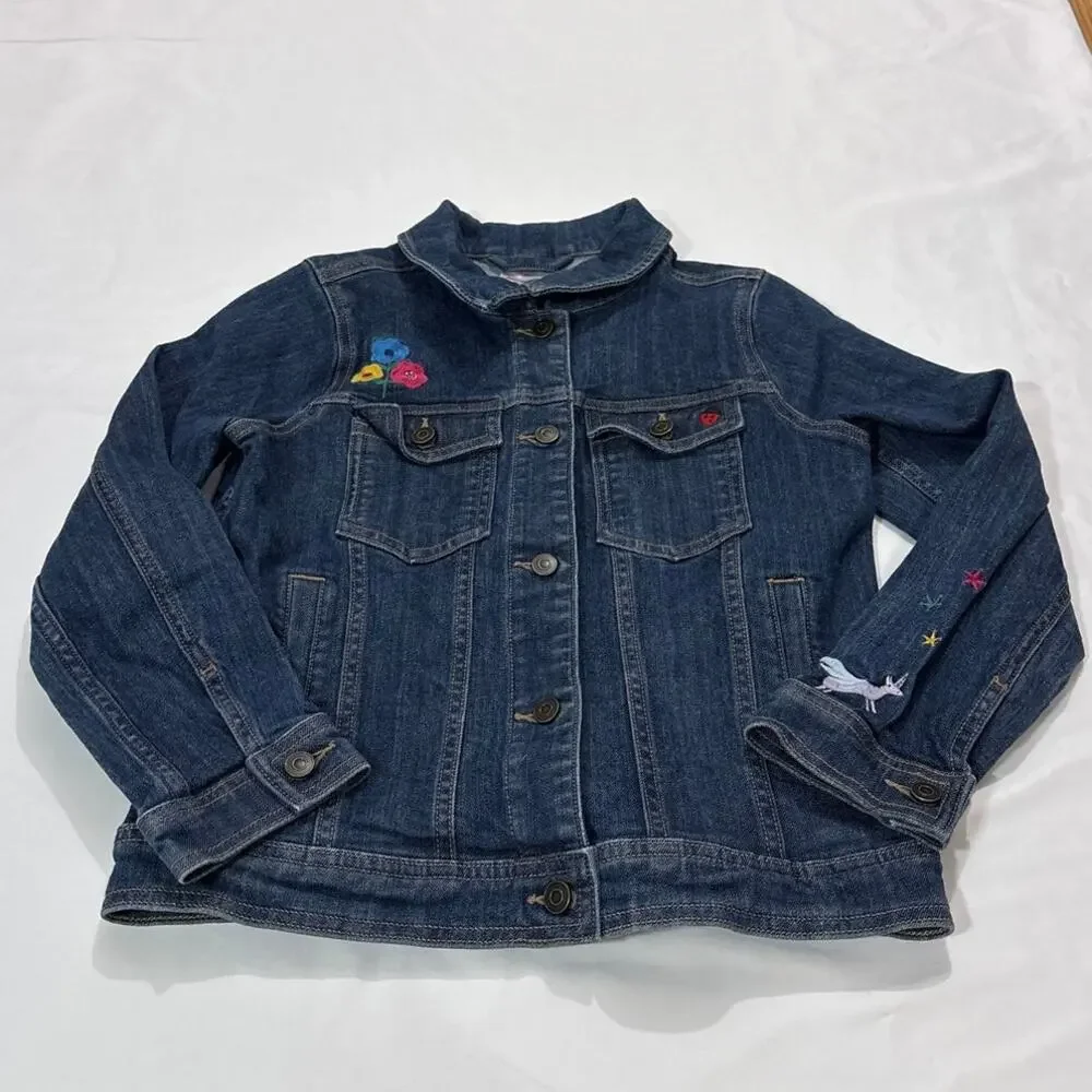 Hanna Andersson Girls 10 Unicorn Flower Embroidered Denim Jacket School Casual